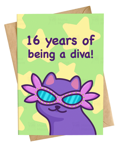 Funny 16th Birthday Card | 16 Years of Being a Diva | Custom Age Cat Card