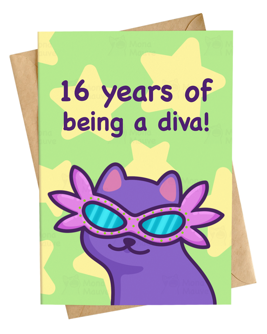 Funny 16th Birthday Card | 16 Years of Being a Diva | Custom Age Cat Card