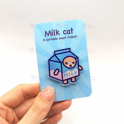 Milk Cat Pin | Snack Cats Collection | 40mm Acrylic Badge Butterfly Clutch