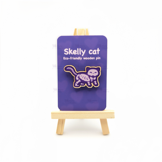 Skelly Cat Pin Badge | Cute Halloween Wooden Pin