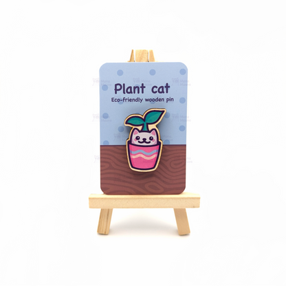 Plant Cat Pin Badge | Cute Cat Wooden Pin