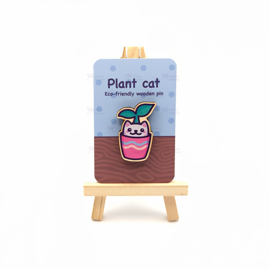 Plant Cat Pin Badge | Cute Cat Wooden Pin