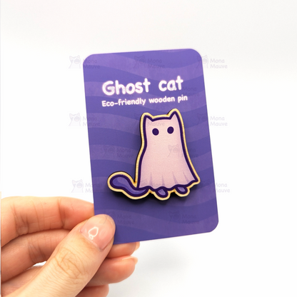 Ghost Cat Pin Badge | Cute Halloween Wooden Pin