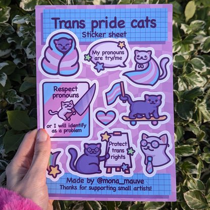 Trans Pride Cats Sticker Sheet | 9 Cute LGBTQ+ Vinyl & Waterproof Stickers