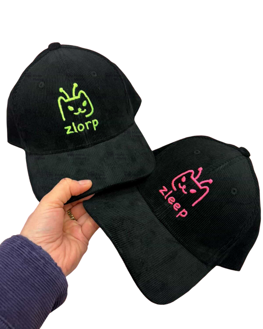 Matching Couple Embroidered Hats | Zleep Zlorp Alien Cat | Organic Cotton Corduroy Cap
