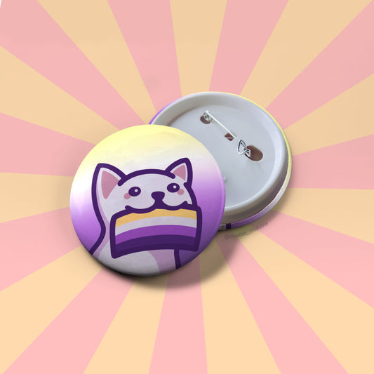 Non-Binary Pride Button Badge | Cute Cat Holding an Enby Pride Flag
