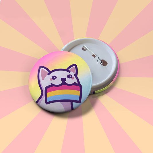 Pansexual Pride Button Badge | Cute Cat Holding a Pan Pride Flag