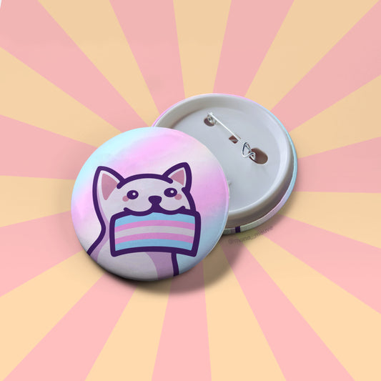 Trans Pride Button Badge | Cute Cat Holding a Trans Pride Flag