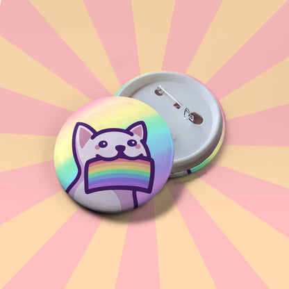 LGBTQ+ Pride Button Badge | Cute Cat Holding a Rainbow Pride Flag