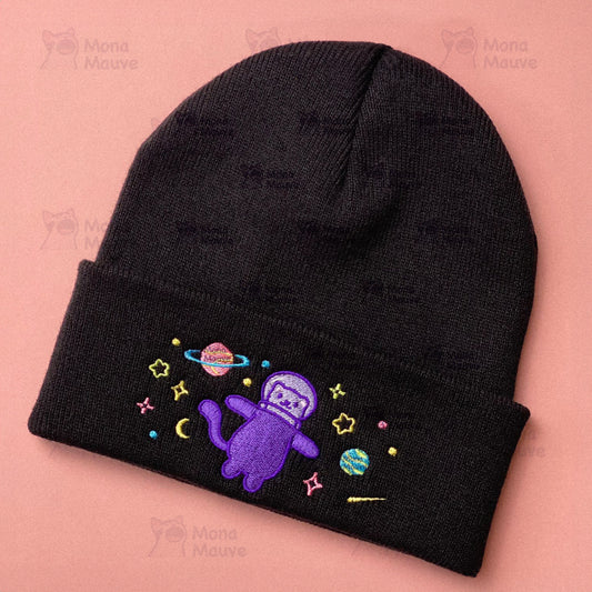 Cute Space Cat Embroidered Beanie | Black Knit Winter Hat