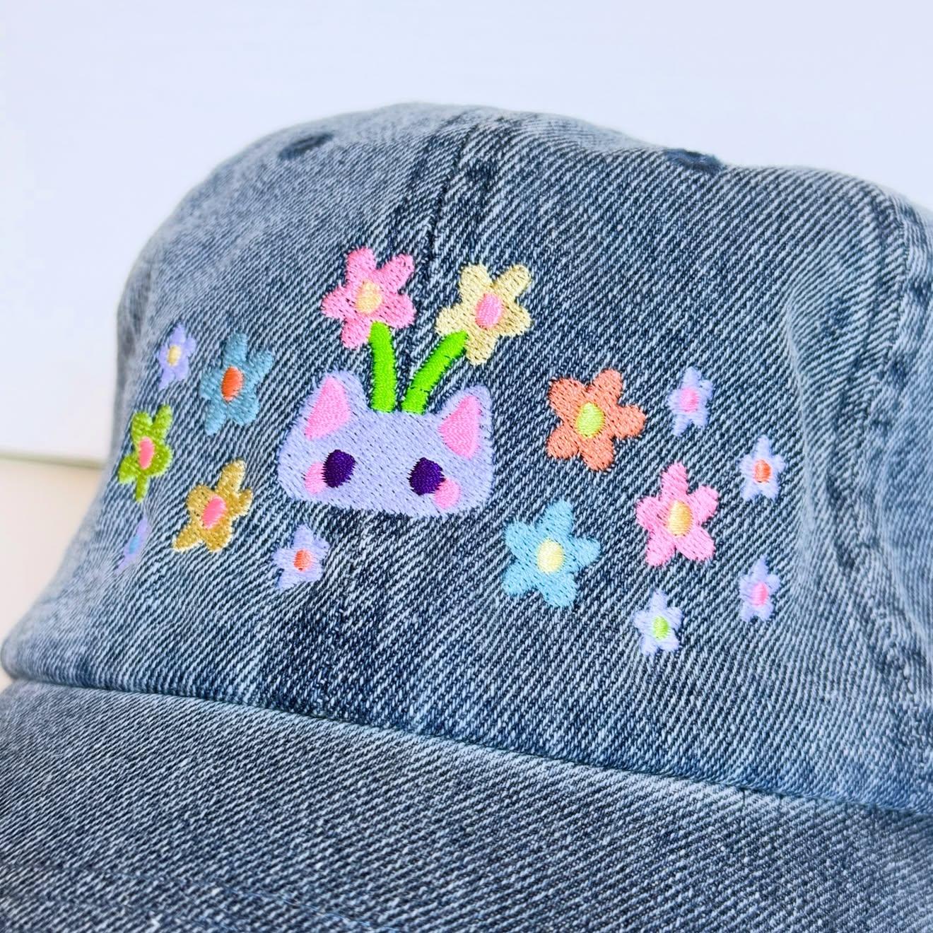 Floral Cat Embroidered Denim Cap | Kitty With Flowers | Pastel Summer Hat