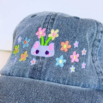 Floral Cat Embroidered Denim Cap | Kitty With Flowers | Pastel Summer Hat