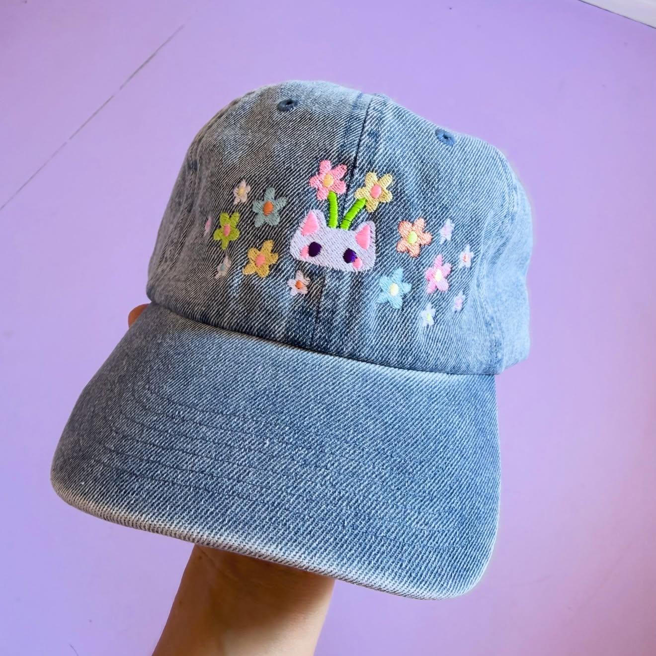 Floral Cat Embroidered Denim Cap | Kitty With Flowers | Pastel Summer Hat