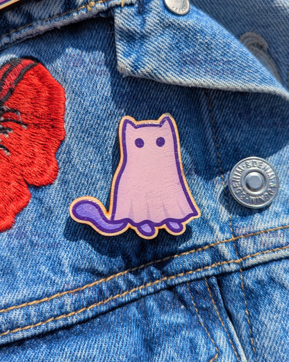 Ghost Cat Pin Badge | Cute Halloween Wooden Pin