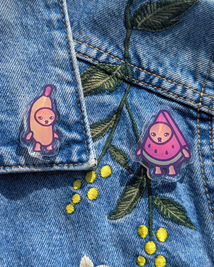 Banana Cat Pin | Snack Cats Collection | 40mm Acrylic Badge Butterfly Clutch