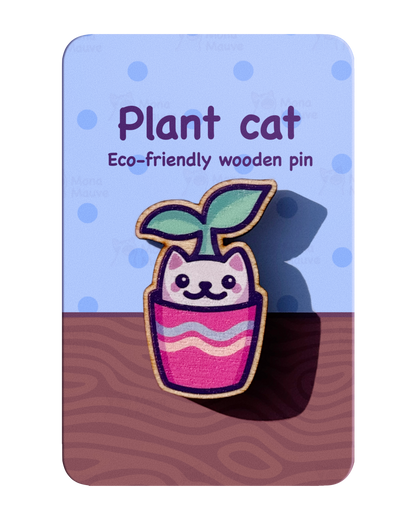 Plant Cat Pin Badge | Cute Cat Wooden Pin