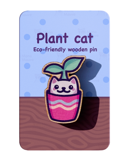 Plant Cat Pin Badge | Cute Cat Wooden Pin