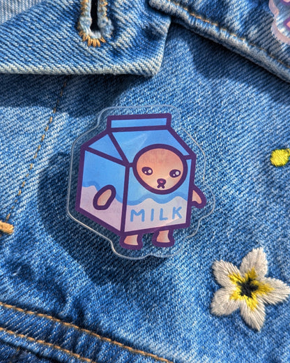 Milk Cat Pin | Snack Cats Collection | 40mm Acrylic Badge Butterfly Clutch
