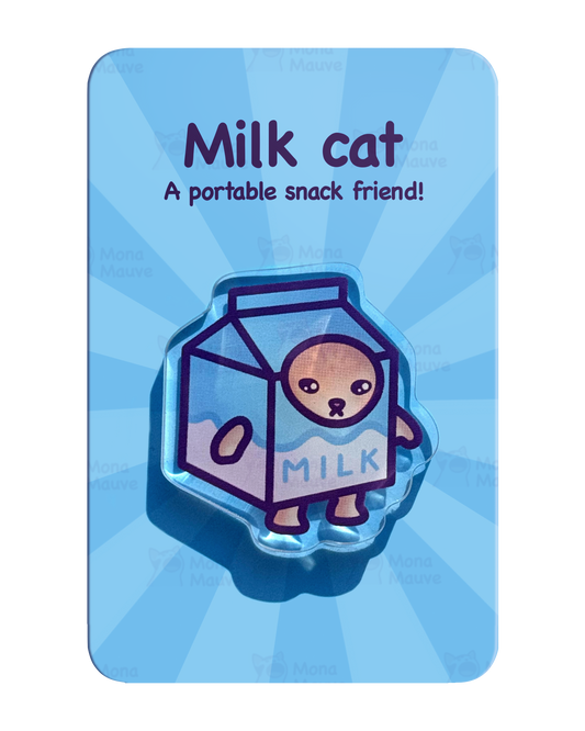 Milk Cat Pin | Snack Cats Collection | 40mm Acrylic Badge Butterfly Clutch