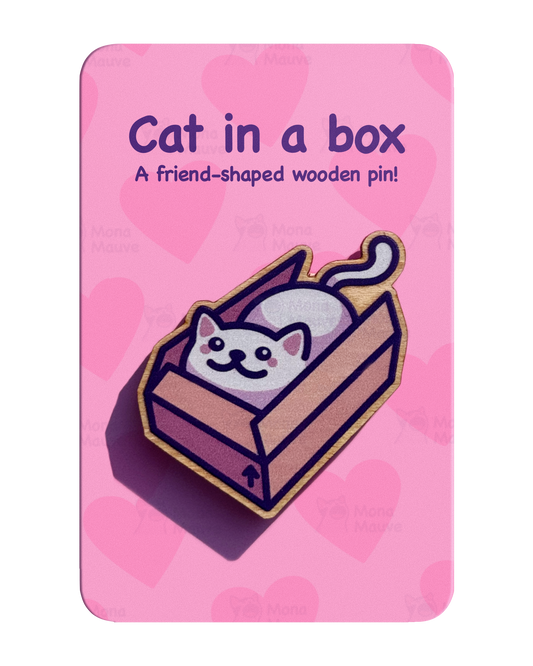 Cat in a Box Pin Badge | Cute Cat Wooden Pin