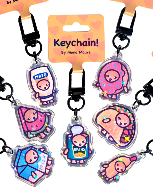 Snack Cats Glitter Keychain | Food Cat Acrylic Charm | Sparkly Bag Charm