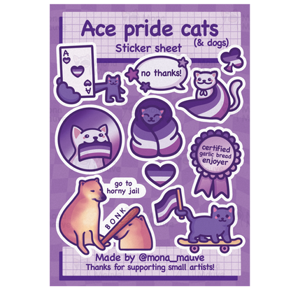 Ace Pride Cats Sticker Sheet | 10 Cute Vinyl Waterproof Stickers
