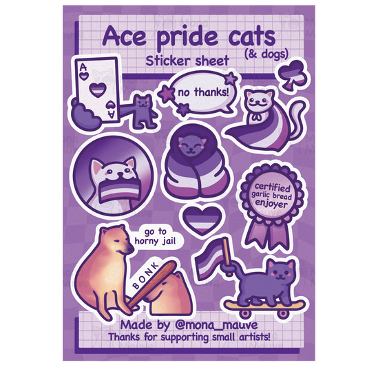 Ace Pride Cats Sticker Sheet | 10 Cute Vinyl Waterproof Stickers