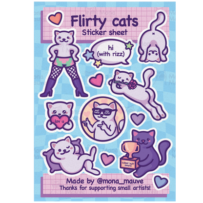 Flirty Cats Sticker Sheet | 13 Cute & Funny Vinyl Stickers