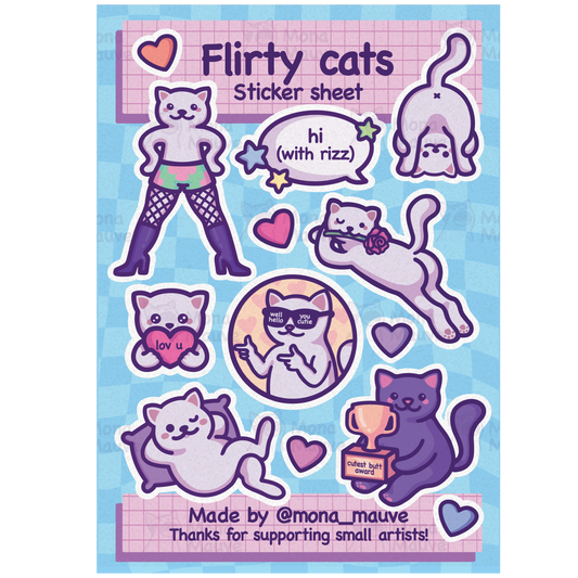 Flirty Cats Sticker Sheet | 13 Cute & Funny Vinyl Stickers