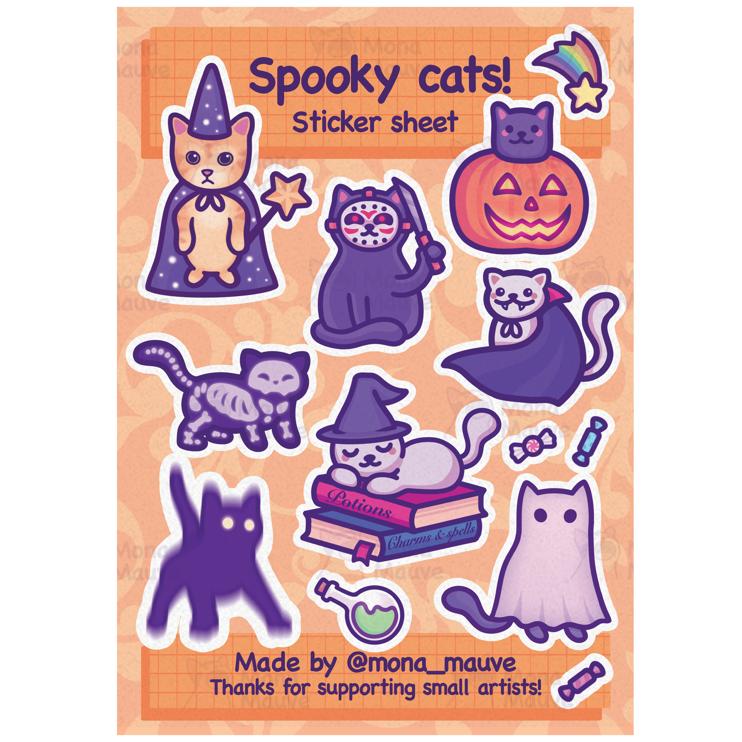 Cute Halloween Sticker Sheet | 13 Spooky Cat Stickers | Pumpkin, Wizard ...