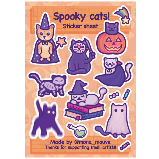 Cute Halloween Sticker Sheet | 13 Spooky Cat Vinyl Stickers