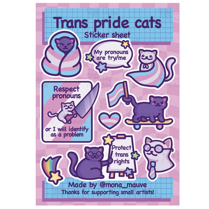 Trans Pride Cats Sticker Sheet | 9 Cute LGBTQ+ Vinyl & Waterproof Stickers