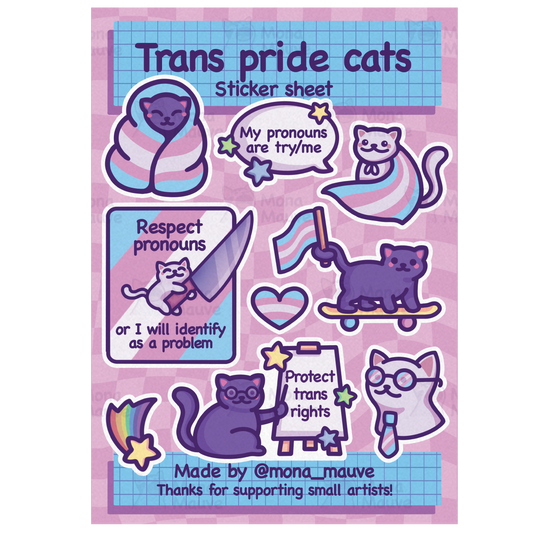 Trans Pride Cats Sticker Sheet | 9 Cute LGBTQ+ Vinyl & Waterproof Stickers