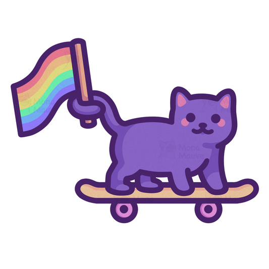 LGBTQ+ Pride Sticker | Rainbow Flag Cat on Skateboard