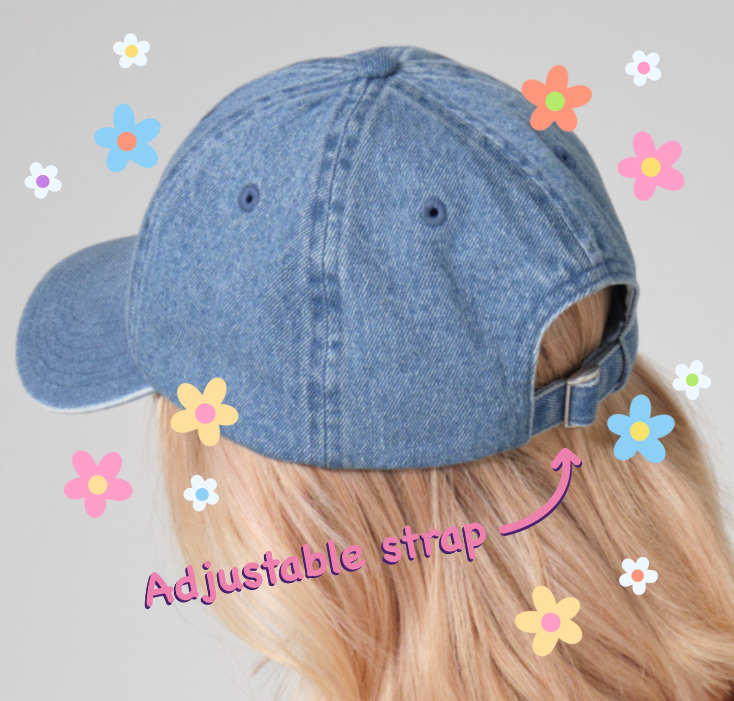 Floral Cat Embroidered Denim Cap | Kitty With Flowers | Pastel Summer Hat