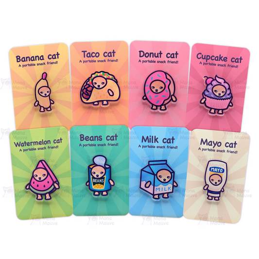 Snack Cat Pin Set | Entire Collection | 40mm Acrylic Badge Butterfly Clutch