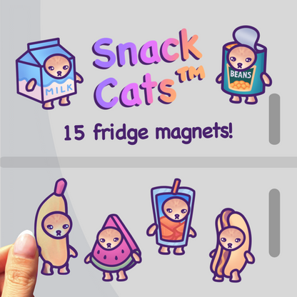 Snack Cat Fridge Magnet Set | Funny & Unique Cat Meme Gift for Birthdays or Just Because | Banana, Watermelon, Milk Cat