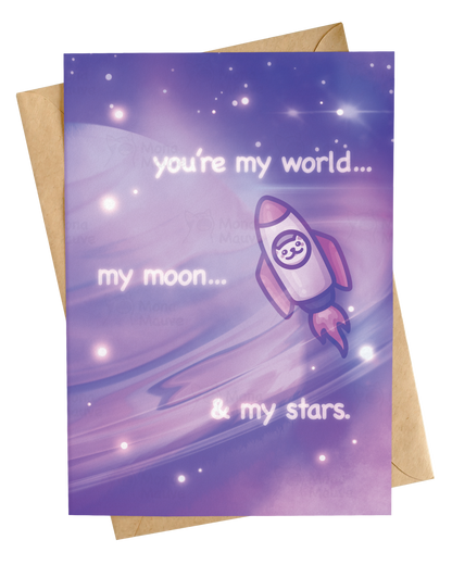 My World, My Moon & My Stars | Cute Space Cat Anniversary Card