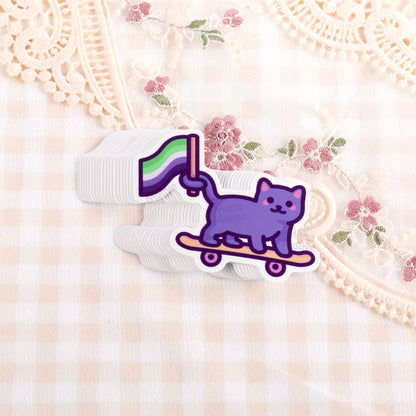 Aromantic Pride Sticker | Aro Flag Cat on Skateboard
