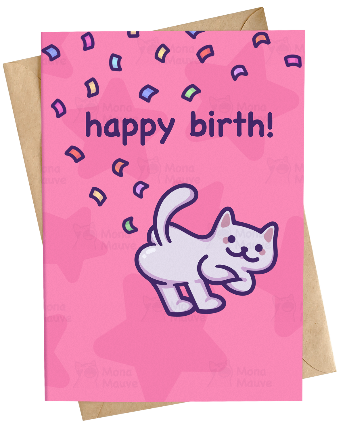 A pink birthday card with a white cartoon cat and colorful confetti, shown with a brown kraft envelope on a white background.