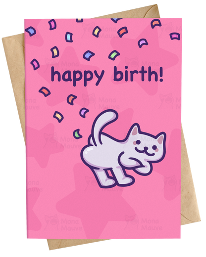 A pink birthday card with a white cartoon cat and colorful confetti, shown with a brown kraft envelope on a white background.