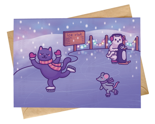Ice Skating Cat Christmas Card | Cute & Funny Festive Illustration