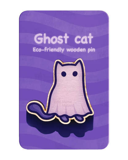 Ghost Cat Pin Badge | Cute Halloween Wooden Pin