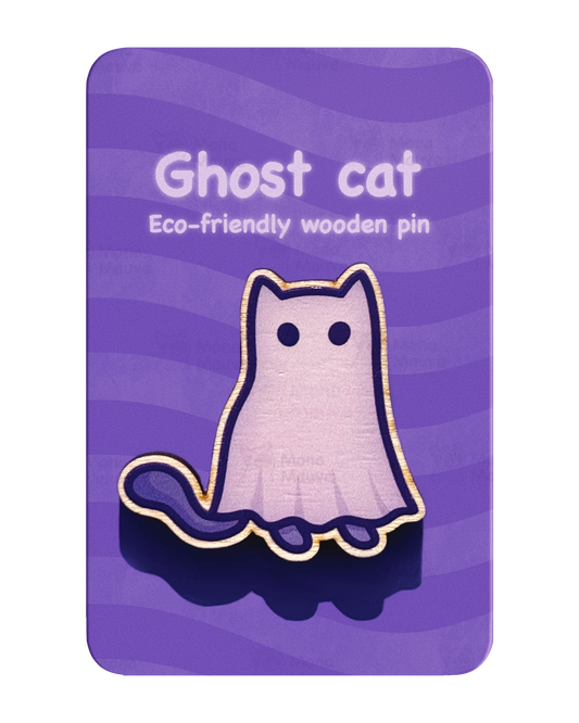 Ghost Cat Pin Badge | Cute Halloween Wooden Pin