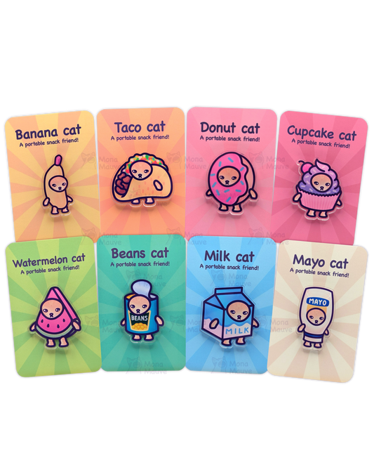 Snack Cat Pin Set | Entire Collection | 40mm Acrylic Badge Butterfly Clutch