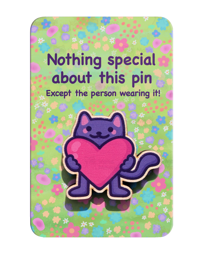 Cute Cat Wooden Pin | Cat Holding a Heart