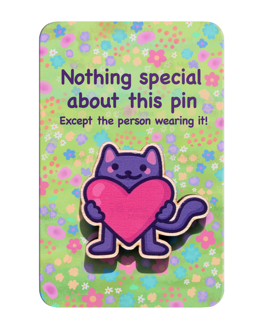 Cute Cat Wooden Pin | Cat Holding a Heart