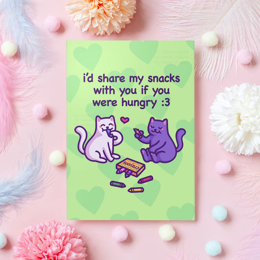Funny Valentine's Day Card | Share My Snacks With You - Cats Eating Crayons | Gift for Husband, Boyfriend, Girlfriend, Partner, Her, Him