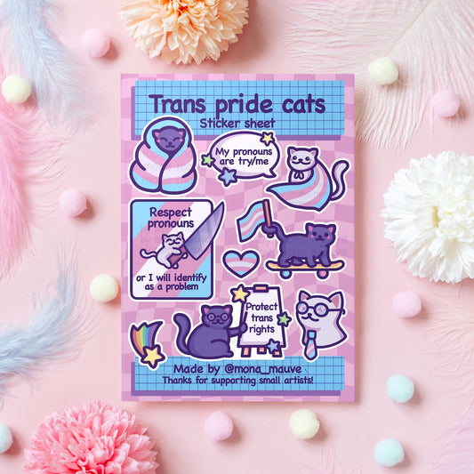 Trans Pride Cats Sticker Sheet | 9 Cute LGBTQ+ Vinyl & Waterproof Stickers