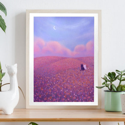 Cats in a Flower Field | Cute Nature Art Print